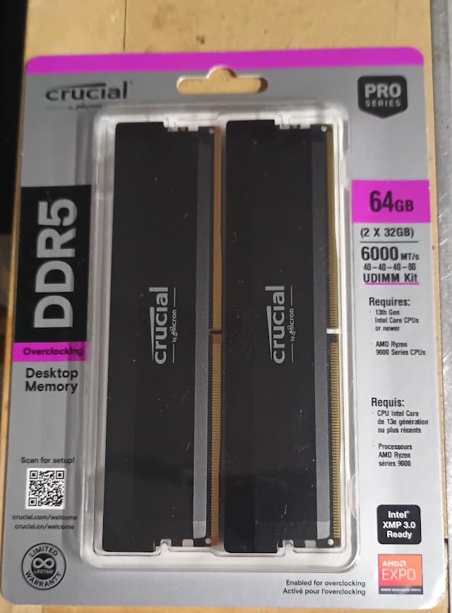 Crucial Pro 32GB DDR5 RAM Kit (2x16GB),CL36 6000MHz, Overclocking Desktop Gaming Memory, Intel XMP 3.0 & AMD Expo Compatible, Black - CP2K16G60C36U5B - Customer Photo 1