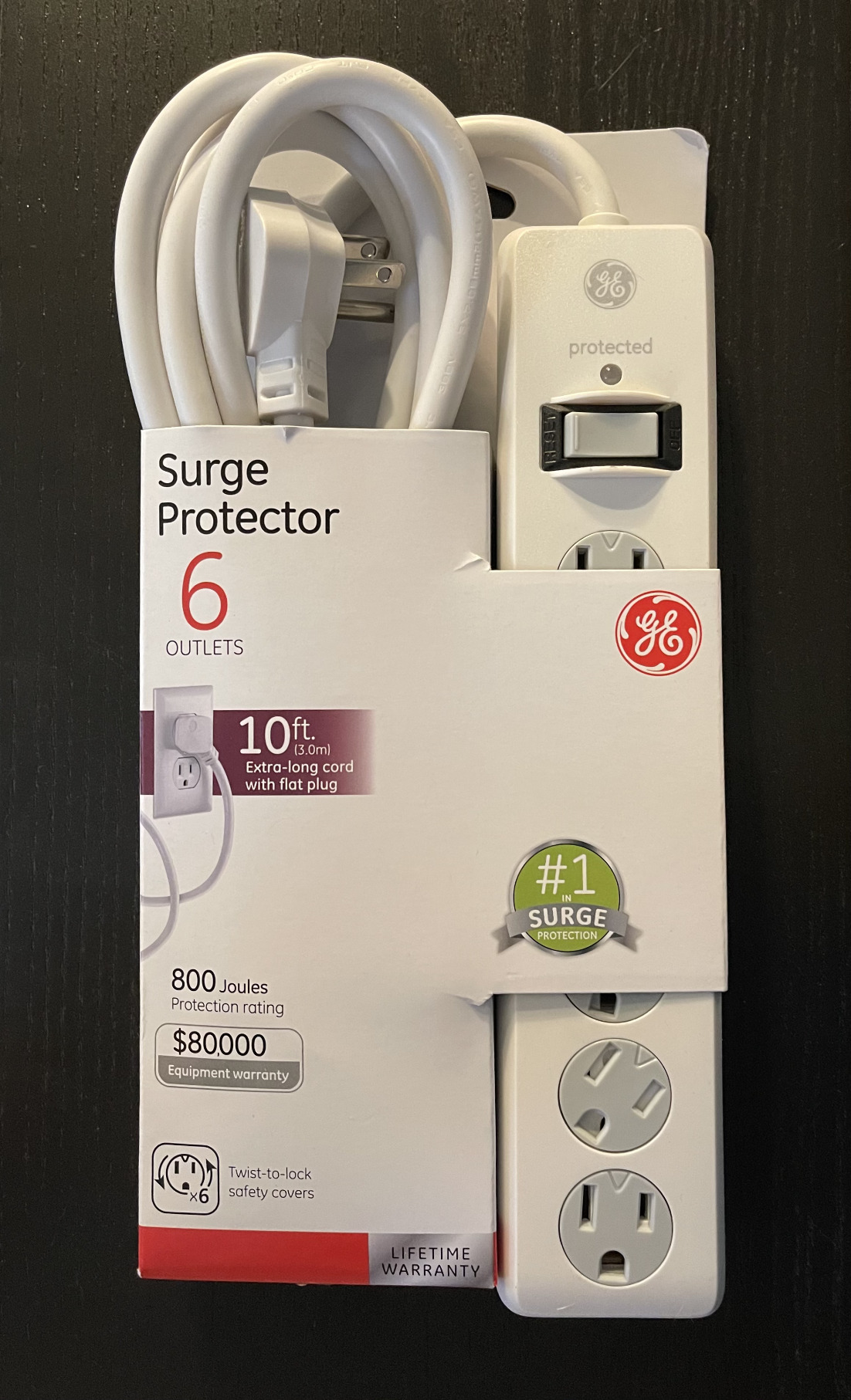 GE Surge Protector Power Strip, 6 Ft Extension Cord, 6 Outlet Extender, 800 Joules, Flat Plug, Twist-to-Close Safety Covers, ETL Listed, White, 67051 customer photo 2