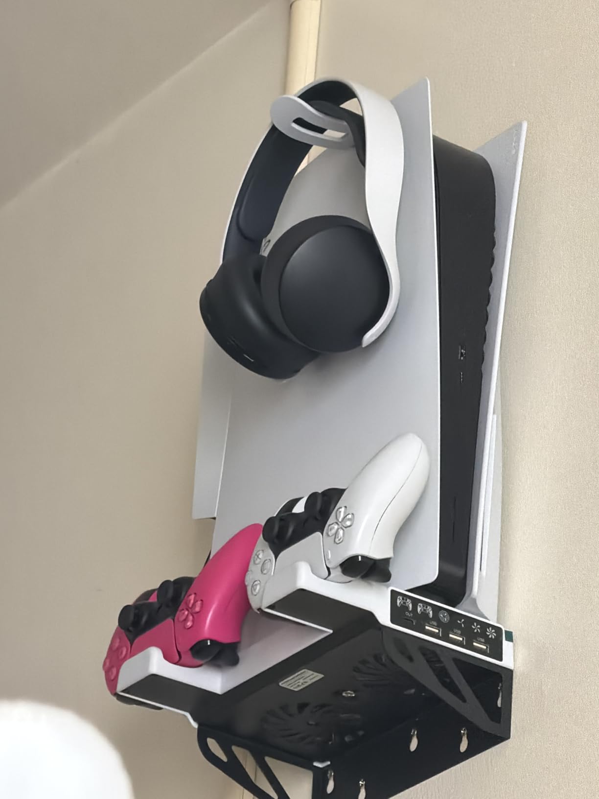 PS5/Slim/Pro Wall Mount Kit with Cooling Fan & Charging Station, PS5 Shelf Floating Mount for All PlayStation 5/Slim/Pro Disc & Digital Console, PS 5 Wall Bracket Behind TV, PS Five Pro Accessories customer photo 1