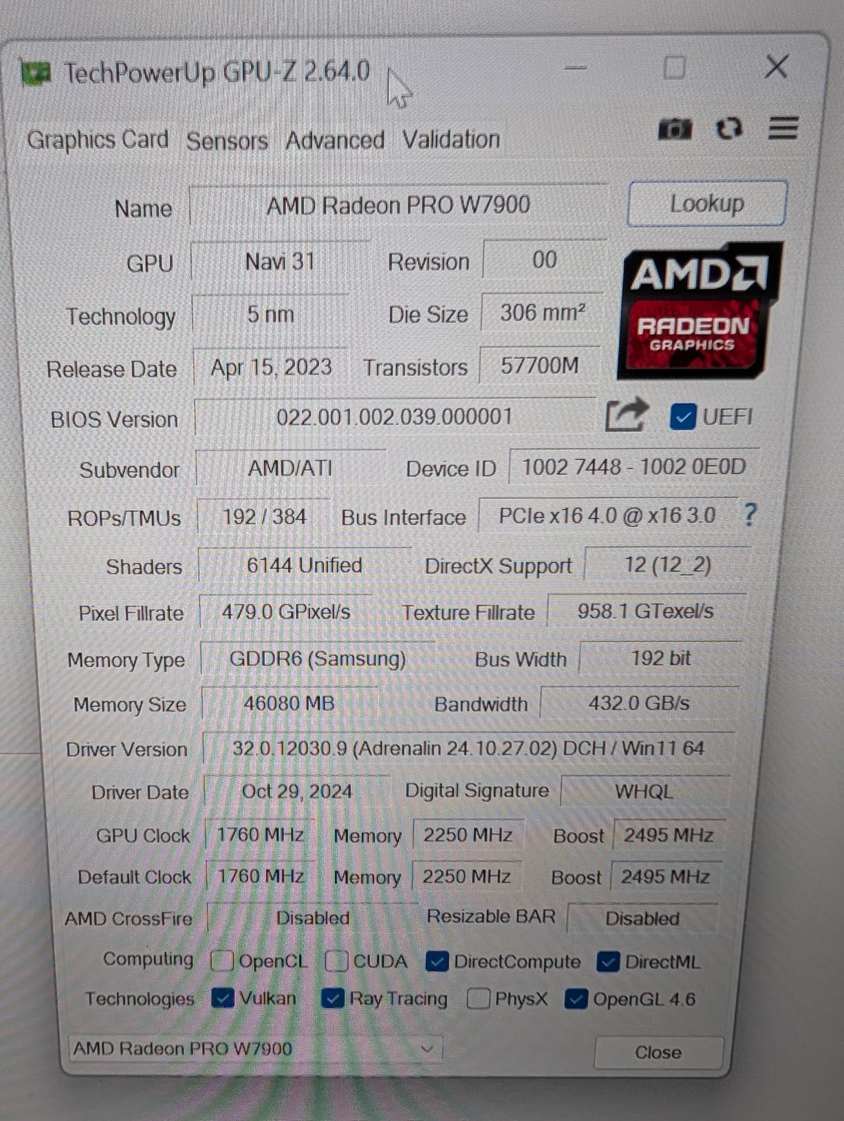 AMD Radeon Pro W7900, Professional Graphics Card, Workstation, AI, 3D Rendering, 48GB GDDR6, AV1, 61 TFLOPS, 96CUS, 295W TDP, 8K, 1x Mini DisplayPort, 3 x DisplayPort 2.1 customer photo 1