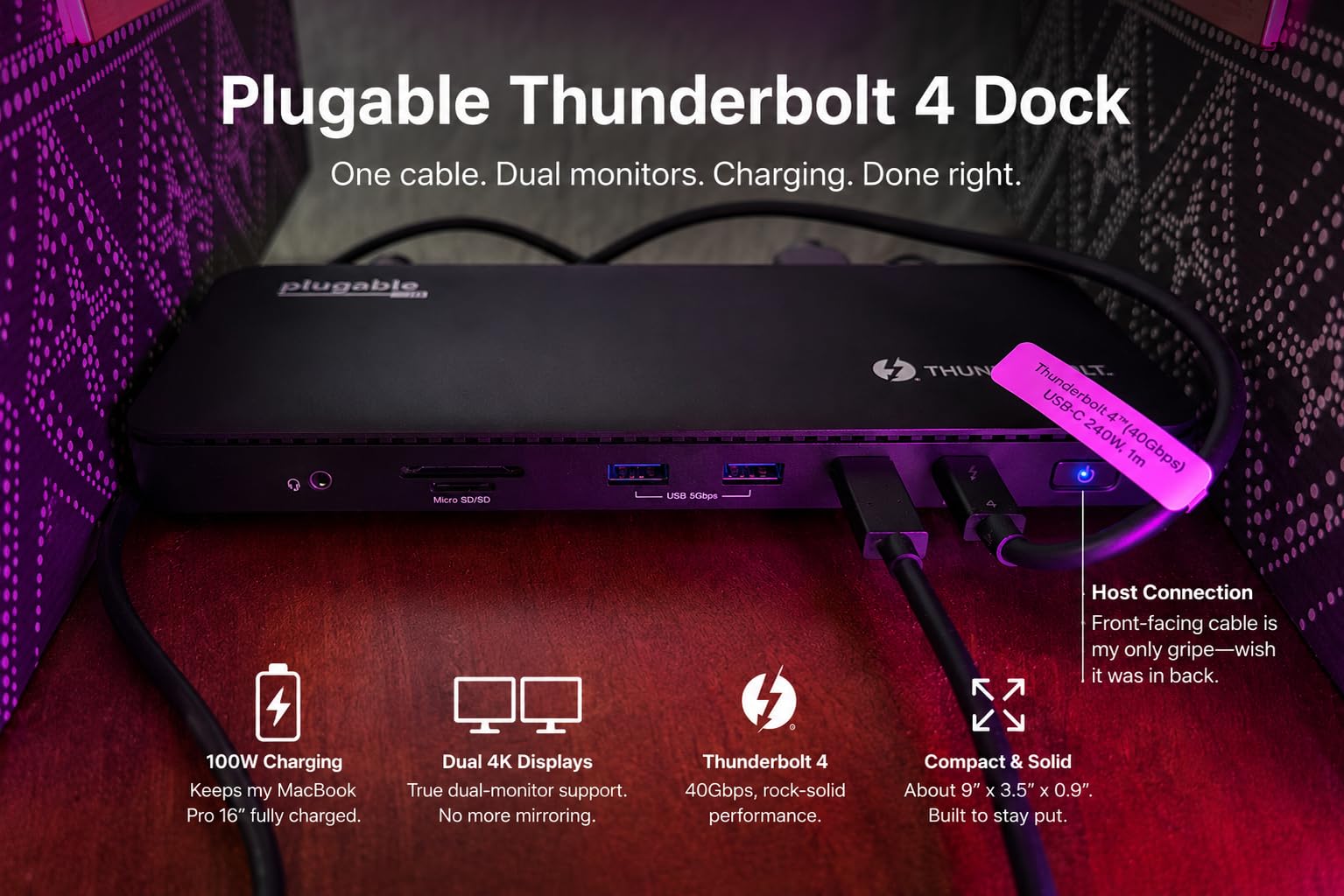 Plugable Thunderbolt 4 Dock with 100W Charging, Thunderbolt Certified, Laptop Docking Station Dual Monitor Single 8K or Dual 4K HDMI for Windows and Mac, 4X USB, Gigabit Ethernet (TBT4-UD5) customer photo 1