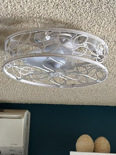 LEDIARY Caged Ceiling Fans with Lights, White Flush Mount Ceiling Fan with Remote&App, Small Low Profile Bladeless Ceiling Fan Light Fixture for Bedroom, Kitchen, Dining Room-White Gold Color customer photo 1