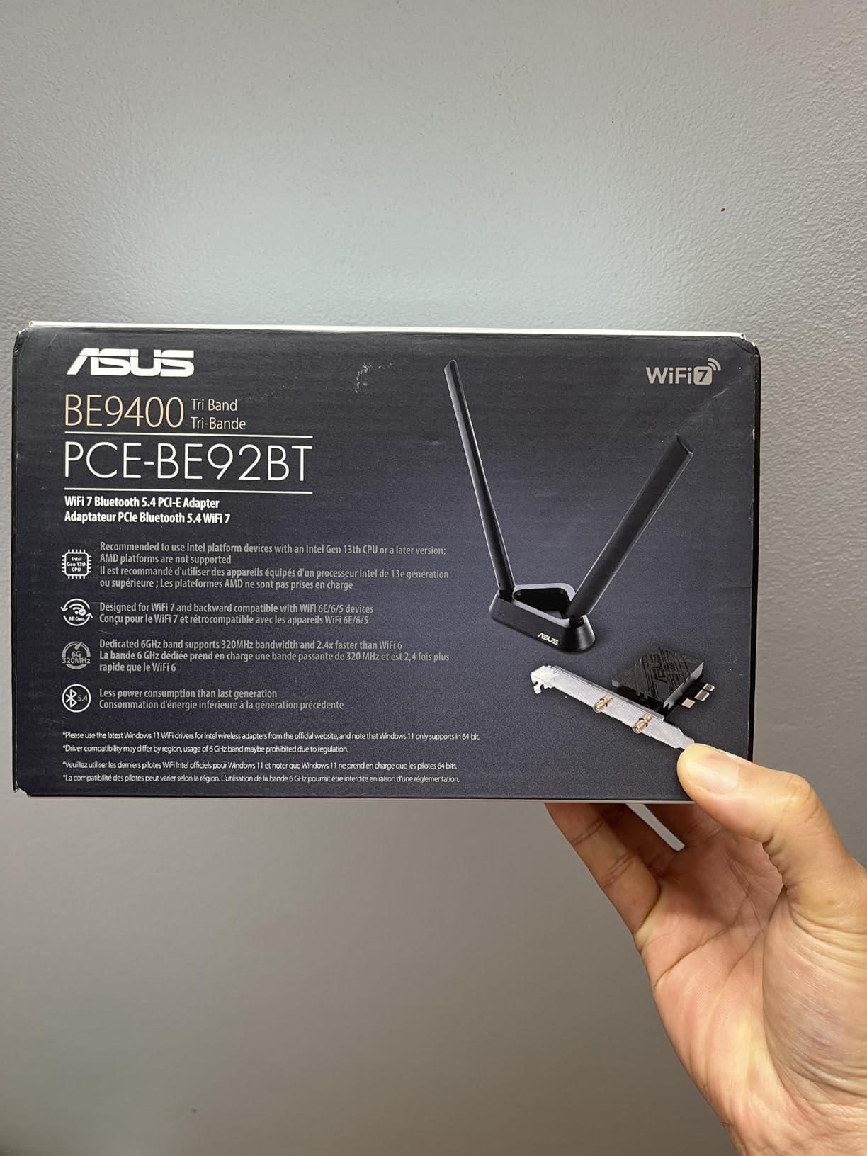 ASUS PCE-BE92BT WiFi 7 PCI-E Adapter with 2 External Antennas. Supporting 6GHz Band, 320MHz, Bluetooth 5.4, WPA3 Network Security, OFDMA and MU-MIMO, only Compatible with Intel motherboards customer photo 1
