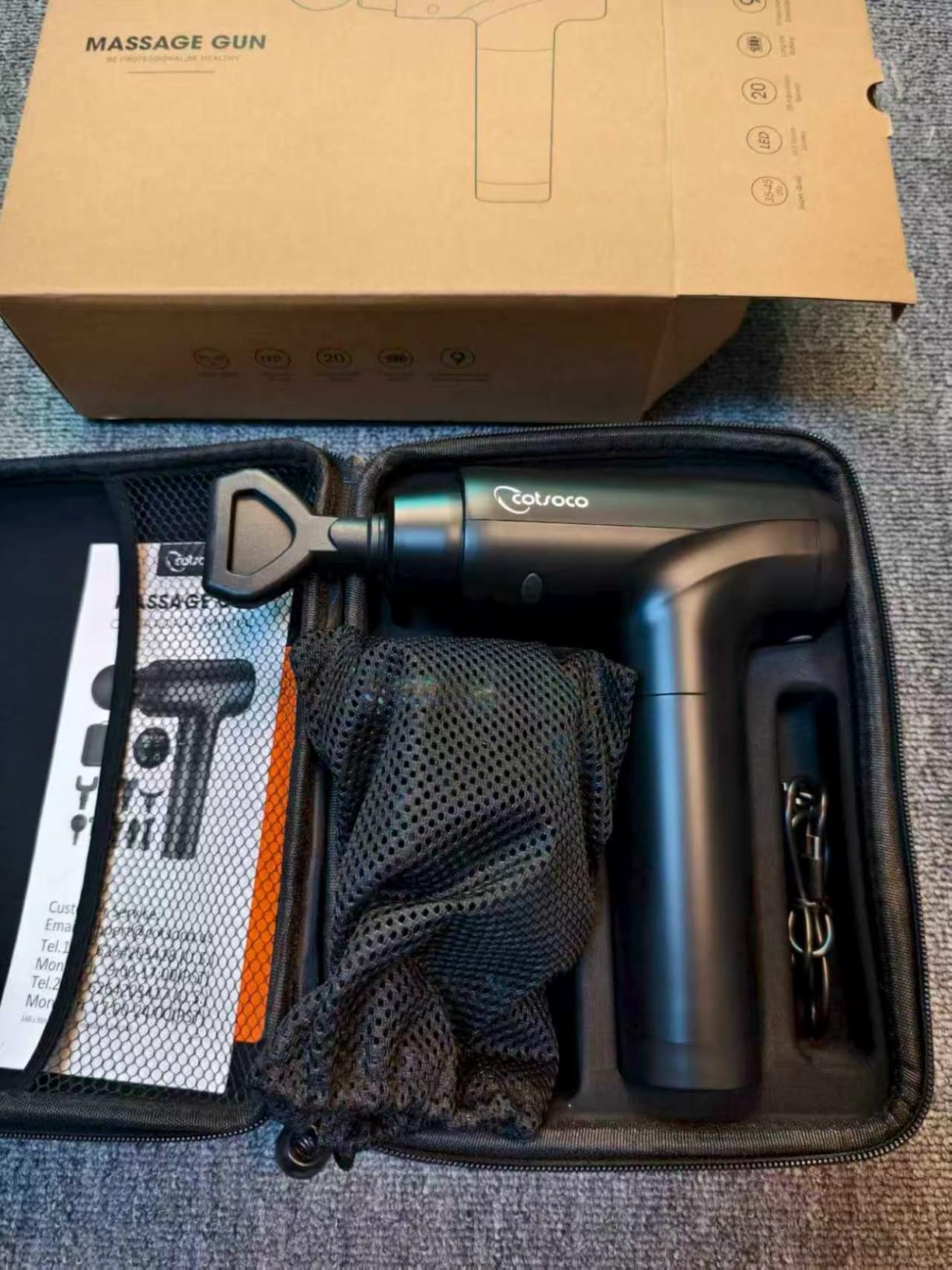 cotsoco Massage Gun Deep Tissue, Muscle Massage Gun with 9 Attachment Heads 20 Speeds & Silent Brushless Motor for Pain Relief, Handheld Percussion Back Massager Gun, Fathers Day Dad Gifts(Black) customer photo 1