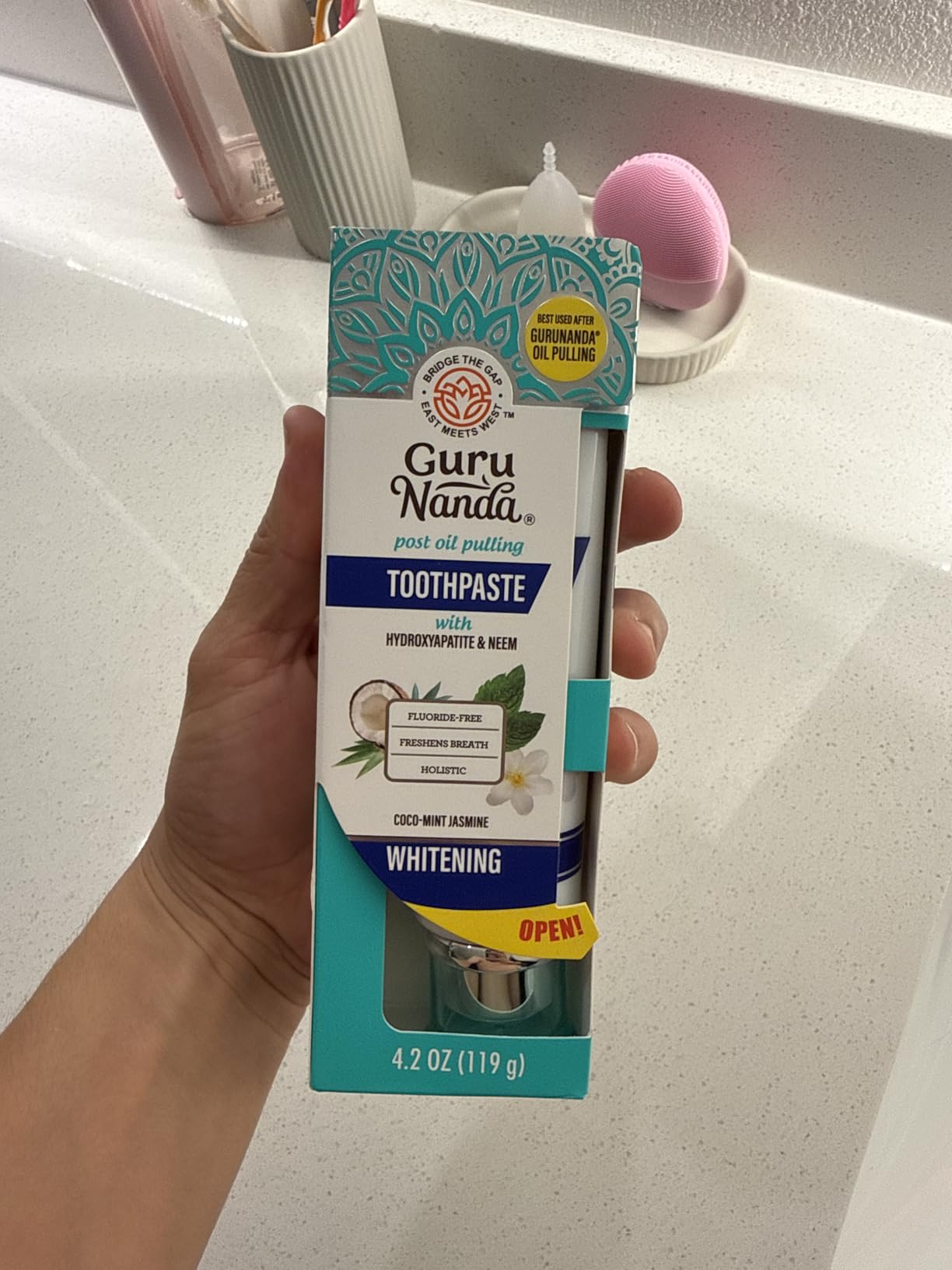 GuruNanda Hydroxyapatite Toothpaste for Whitening with Neem & Xylitol, SLS & Fluoride Free Formula with Tongue Scraper & Squeezer - Freshens Breath, Fights Plaque - Natural CocoMint Jasmine, 4.2oz customer photo 2