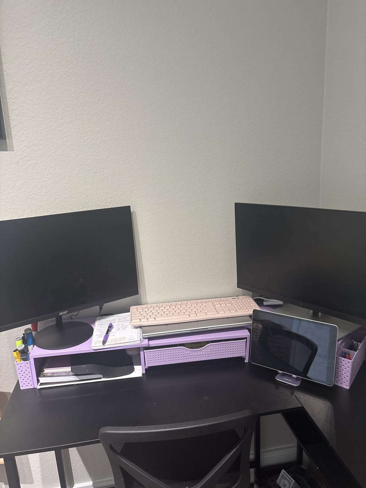 gianotter Dual Monitor Stand Riser, Desk Organizer With Drawer and 2 Pen Holders, Computer Monitor Stand, Desk Shelf for Top of Desk (Black) customer photo 1