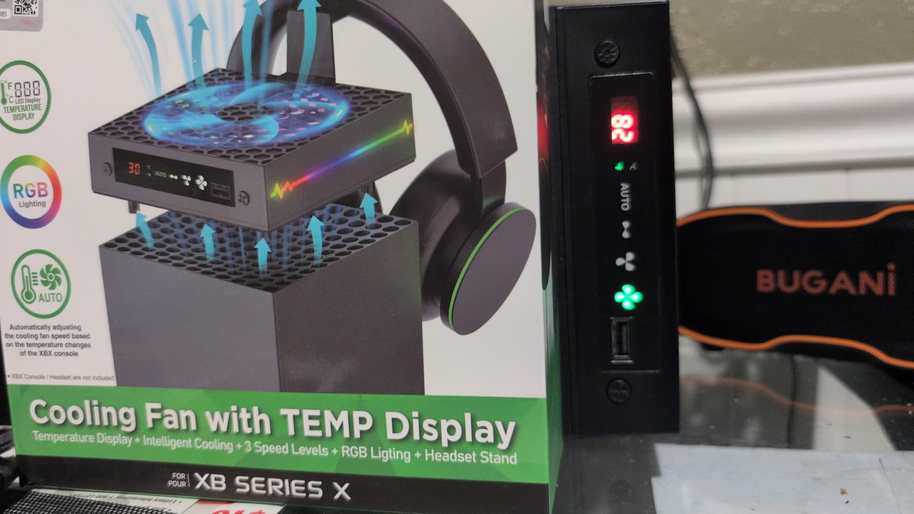 Auto Cooling Fan for Xbox Series X with 9 RGB Light, Cooling System Adjustable by Temperature for Xbox Series X Console, Cooler & Light Switch, Headset Hook, USB Port customer photo 2