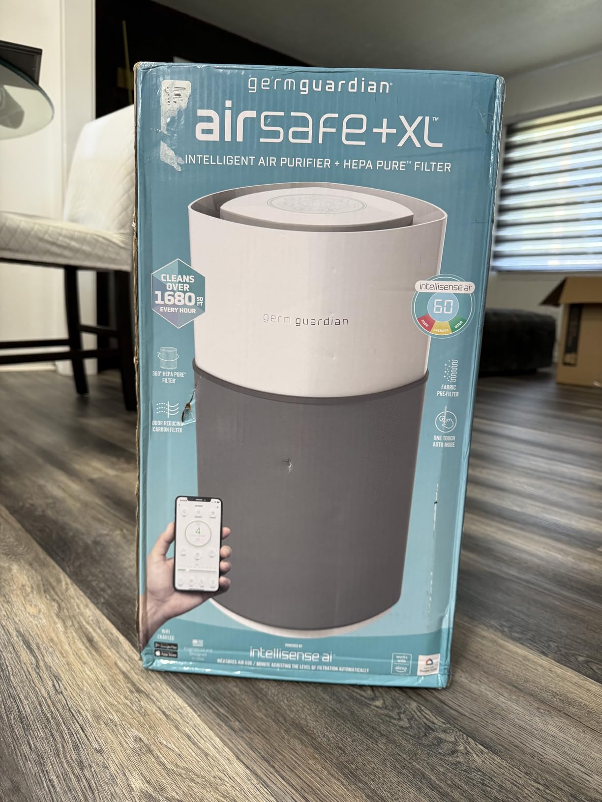 GermGuardian AirSafe XL Smart Air Purifier for Home 360° True HEPA Filter, WiFi and App Enabled, Air Quality Monitor, Large Rooms Up to 1680 Sq Ft, For Smoke, Dust, Pet Dander, Gray/White, AP3250 customer photo 2