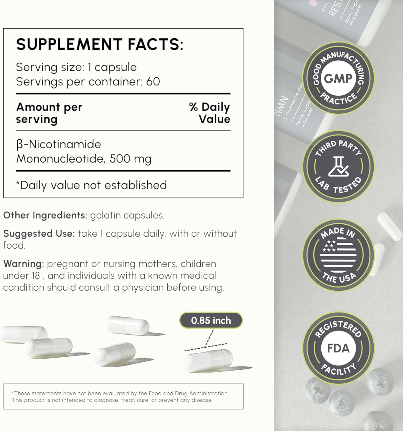 partiQlar NMN Supplement 500mg - High Purity Nicotinamide Mononucleotide - NAD+ Booster for Anti-Aging, Cellular Energy & Longevity - 60 Veggie Capsules customer photo 2