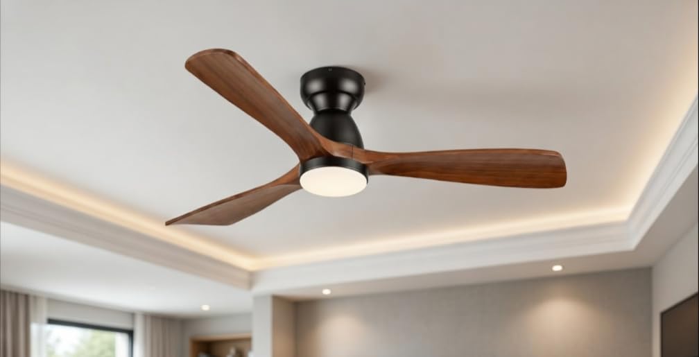 52in Smart Flush Mount Ceiling Fans with Lights, Outdoor Low Profile Wood Ceiling Fan Quiet DC Motor, Work with Alexa/Gg Voice Control/App/Remote, Dimmable, 6-speed, 3 Wood blades Fan for Patio, Dark Walnut customer photo 1