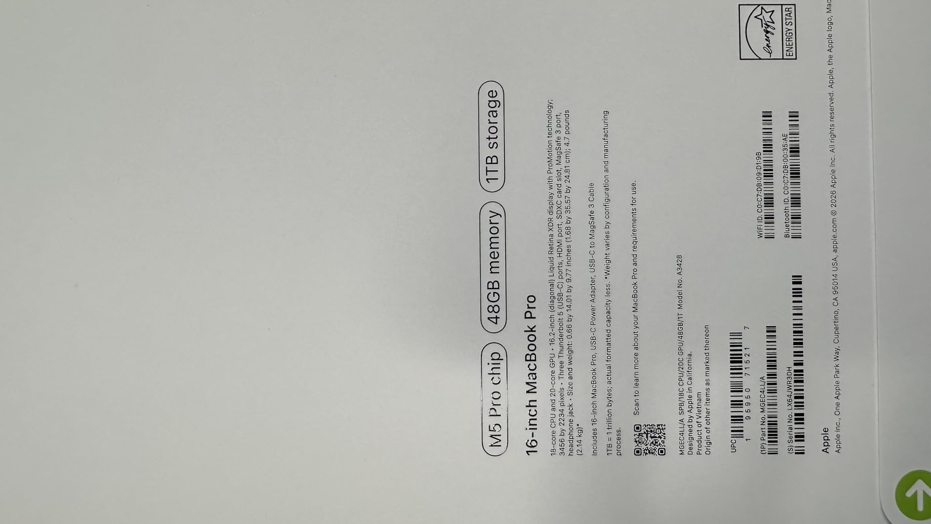 Apple 2026 MacBook Pro Laptop with Apple M5 Pro chip with 18-core CPU and 20-core GPU: Built for AI, 16.2-inch Liquid Retina XDR Display, 24GB Unified Memory, 1TB SSD, Wi-Fi 7; Space Black customer photo 1