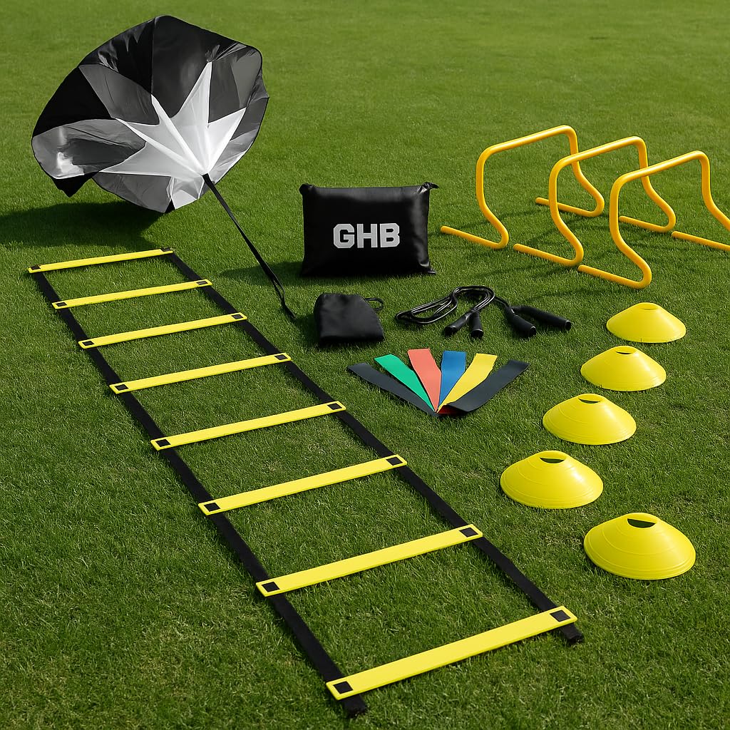 GHB Agility Ladder Football Training Equipment Set, 4 Agility Hurdles, 20 feet 12 Rungs Speed Ladder, 12 Disc Cones, Resistance Parachute, Jump Rope, 5 Resistance Bands customer photo 1