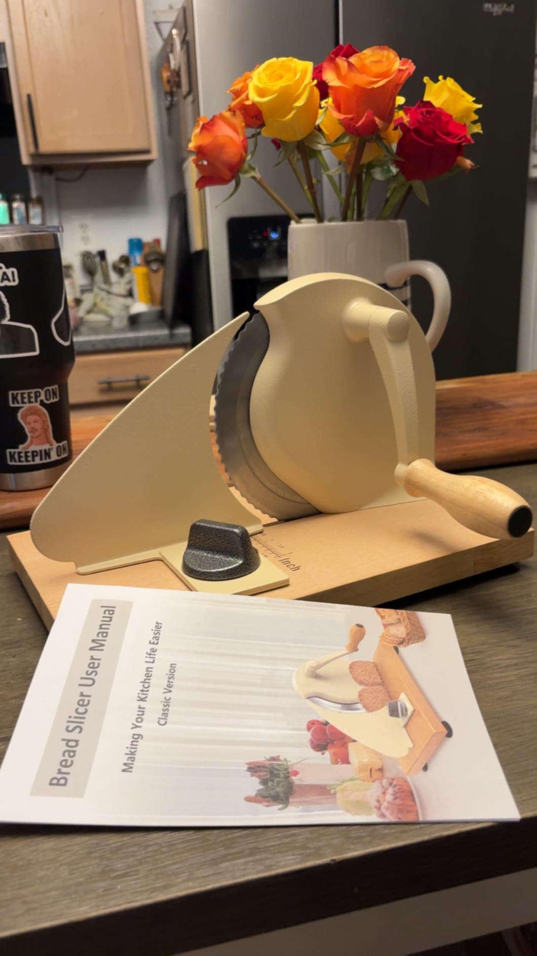 vanerepok Manual Bread Slicer Adjustable Thickness for Homemade Sourdough | Hand Crank Bread Cutter with Scale & Stable Suction Cups & Wood Base for Even Slicing customer photo 2