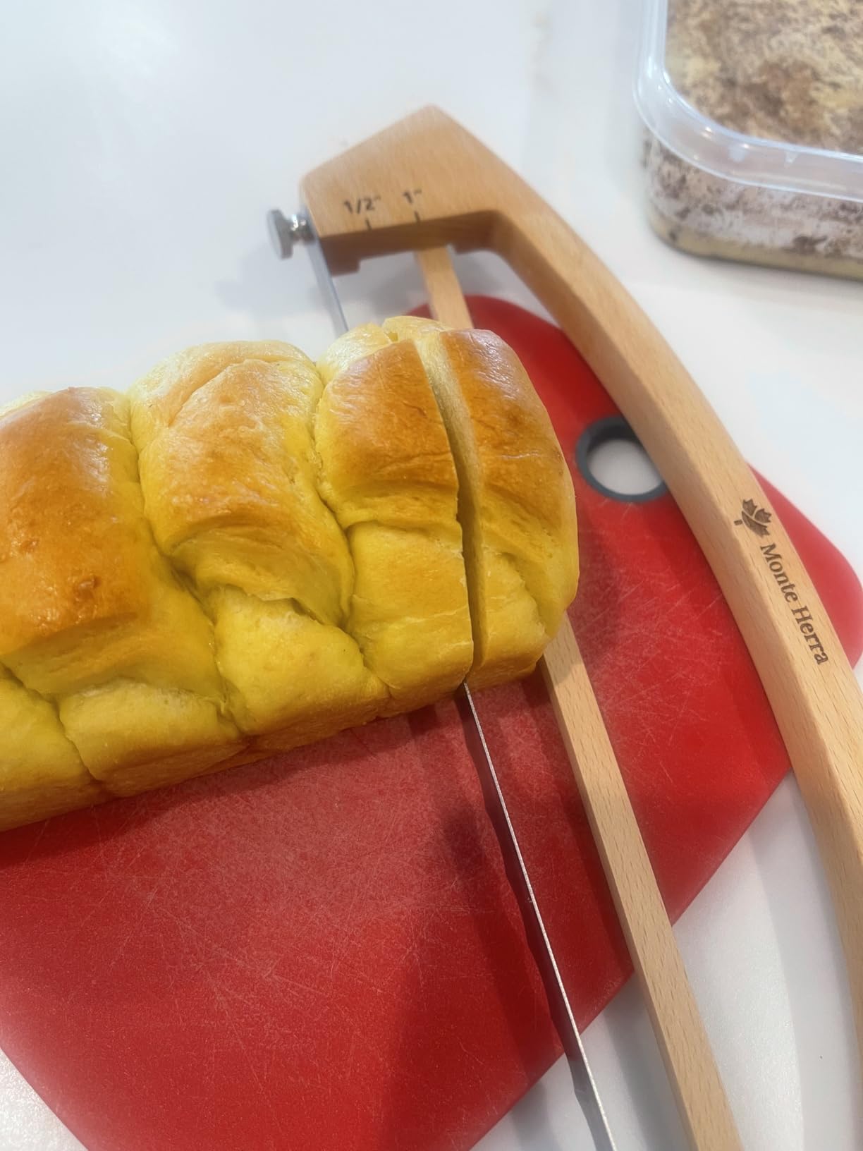 Adjustable Bread Knife for Homemade Bread - Bread Slicer with 1/2-inch and 1-inch Thickness Guides - 17 inch Bread Cutter - Bow Design Easy to Cutting Even Slices for Sourdough Baguettes Sandwiches customer photo 2