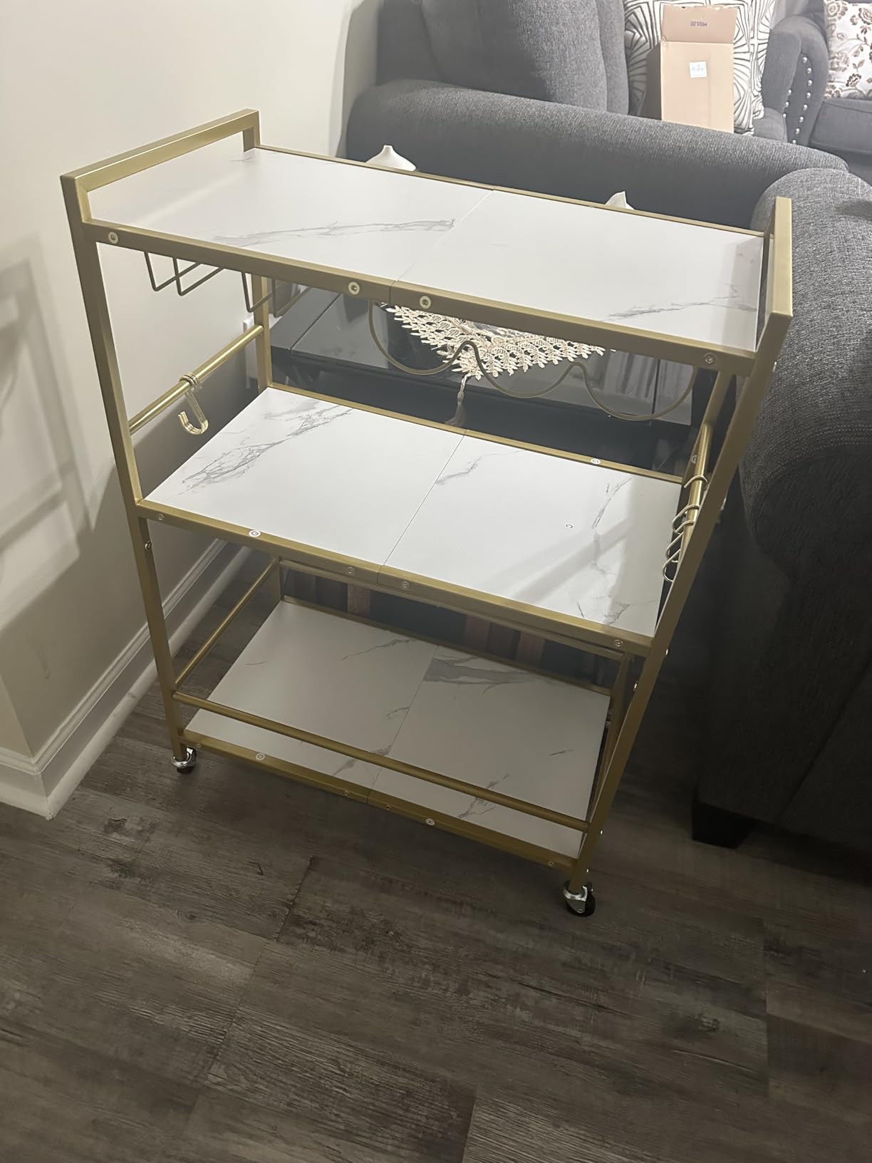 TUTOTAK Bar Cart with Wheels, Drink Cart with Wine Rack and Glass Holder | 3-Tier 23.7 Inch Wide Home Bar Serving Carts, Small Mobile Kitchen Shelf with 6 Hooks, Rustic Brown BC01BB030 customer photo 1