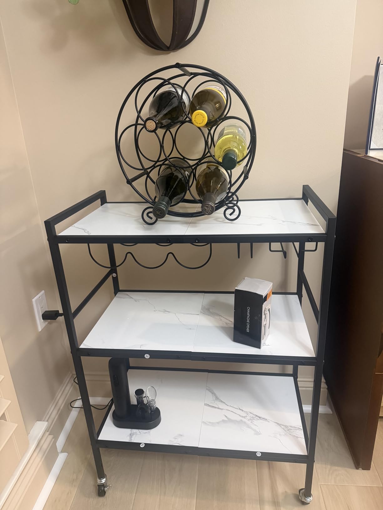 TUTOTAK Bar Cart with Wheels, Drink Cart with Wine Rack and Glass Holder | 3-Tier 23.7 Inch Wide Home Bar Serving Carts, Small Mobile Kitchen Shelf with 6 Hooks, Rustic Brown BC01BB030 customer photo 2