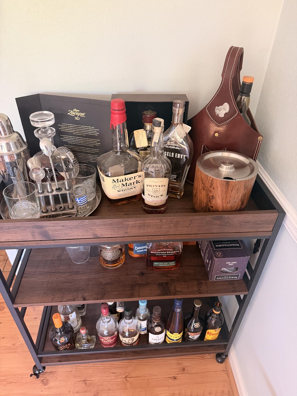 BON AUGURE Bar Cart for The Home, Rolling Home Bar Serving Cart on Wheels, 3 Tier Liquor Beverage Carts with Wine Rack and Glass Holder (Rustic Oak) customer photo 1