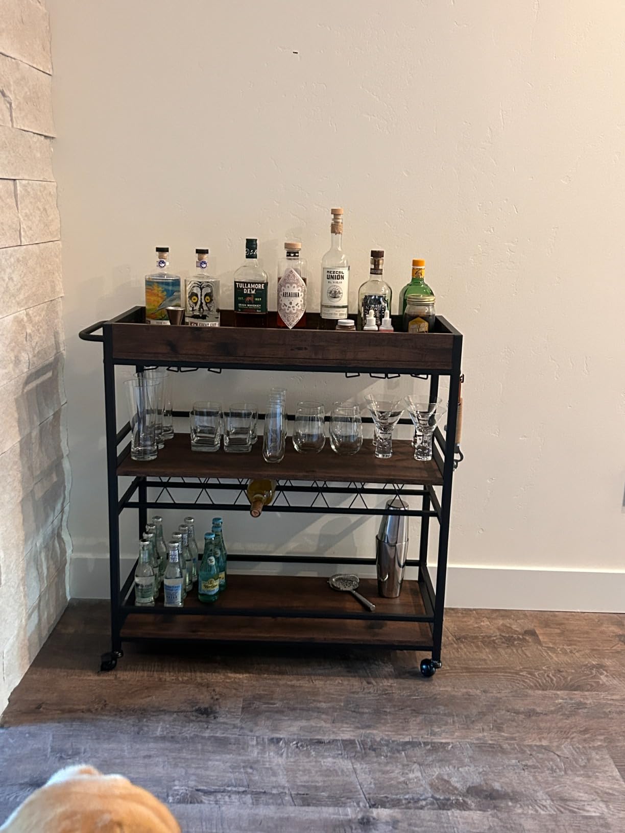BON AUGURE Bar Cart for The Home, Rolling Home Bar Serving Cart on Wheels, 3 Tier Liquor Beverage Carts with Wine Rack and Glass Holder (Rustic Oak) customer photo 2