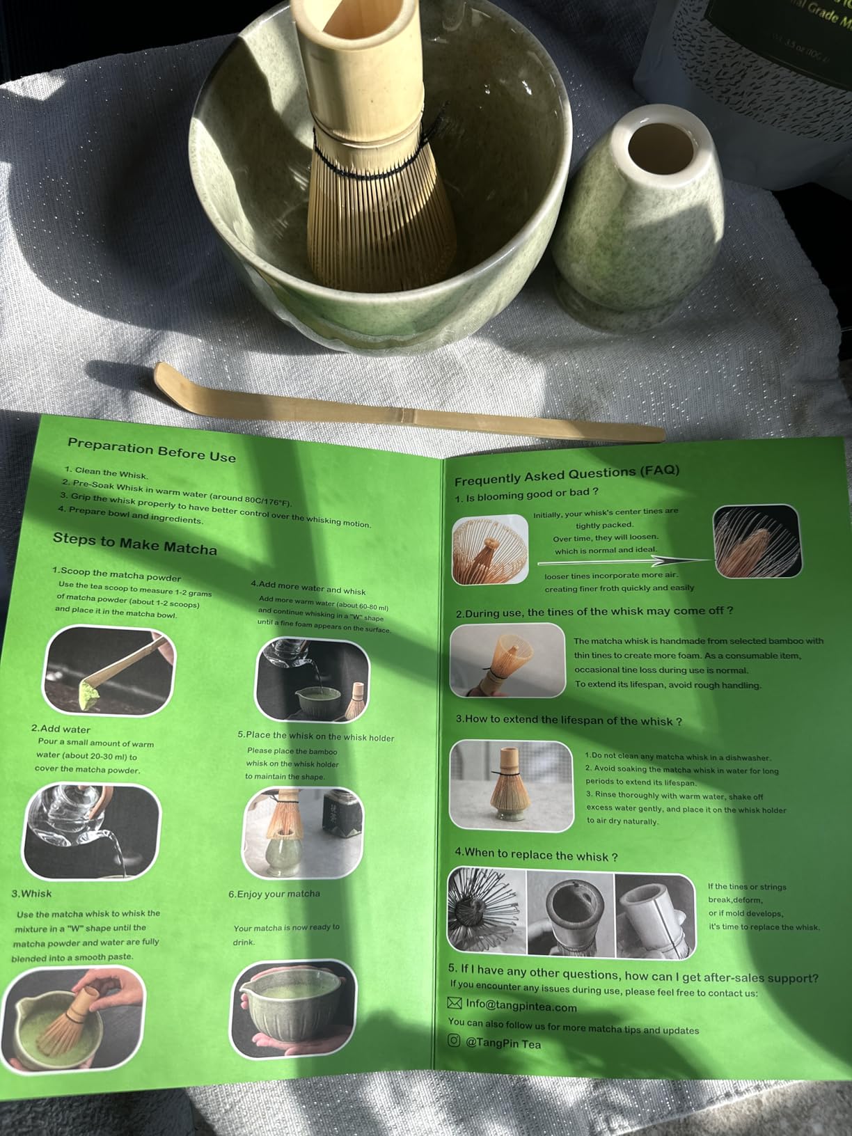 TANG PIN Matcha Set - Match Bowl and Whisk, 15 OZ Matcha Whisk Set | Matcha Scoop | Matcha Whisk Stand (Chasen Holder) - 5pc Perfect Matcha Kit for Matcha Tea Ceremony (Mottled Green) customer photo 1