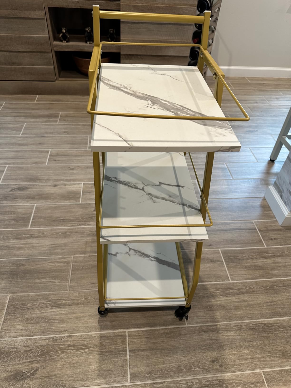 YATINEY Bar Cart, 3-Tier Home Bar Serving Cart with Wheels, Drink Cart with Glass Holder, Beverage Cart, Rolling Kitchen Cart, for Home, Living Room, Gold BC03DW customer photo 1