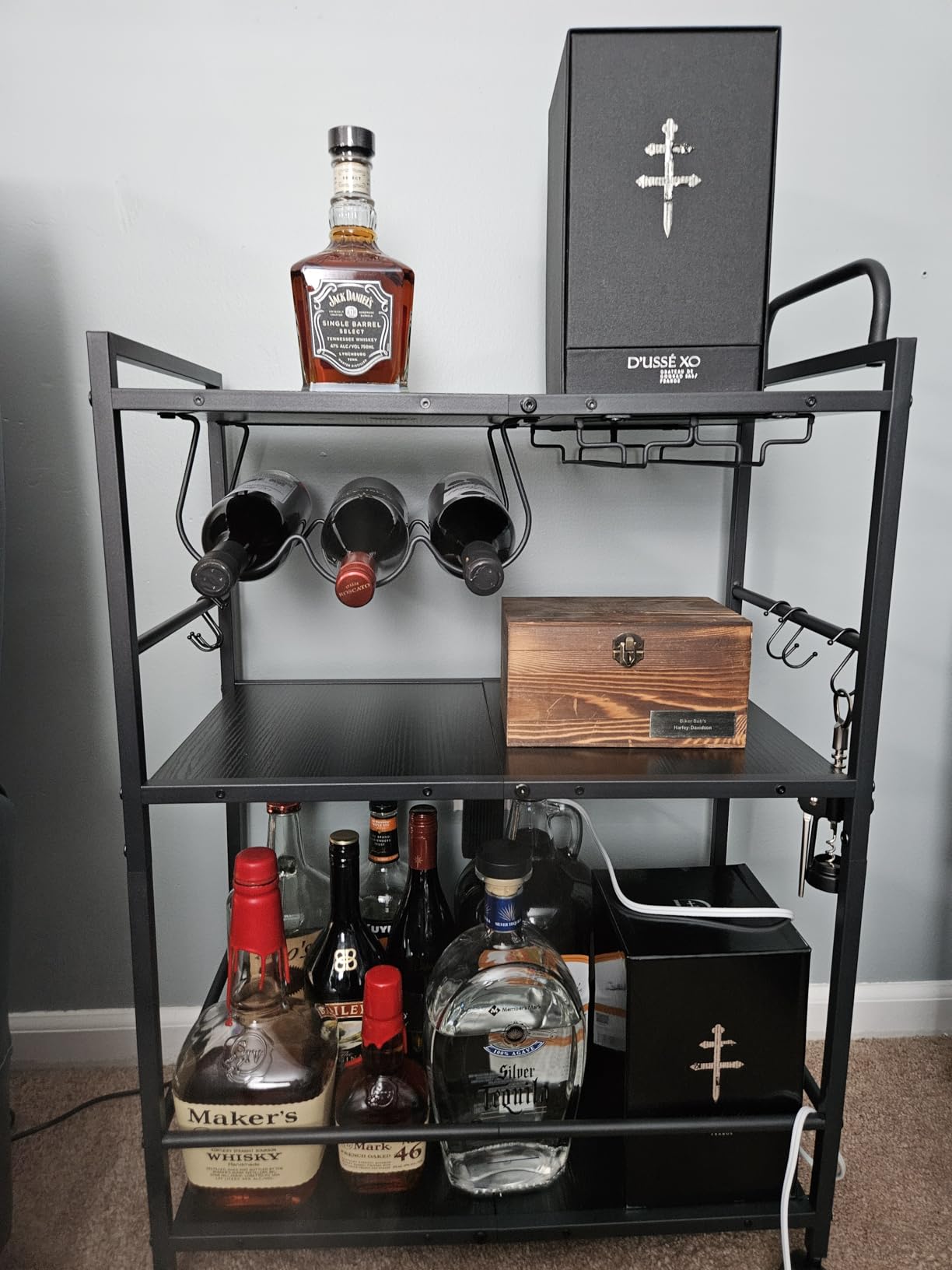 Home Bar Serving Cart, Serving Cart with Wheels and Handle, 3 Tier Rolling Kitchen Cart, Microwave Cart, Beverage Cart with Wine Holder and Glass Holders, for Dining Room, Living Room, Black customer photo 1