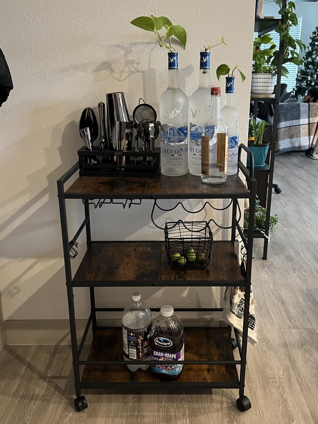 Home Bar Serving Cart, Serving Cart with Wheels and Handle, 3 Tier Rolling Kitchen Cart, Microwave Cart, Beverage Cart with Wine Holder and Glass Holders, for Dining Room, Living Room, Black customer photo 2