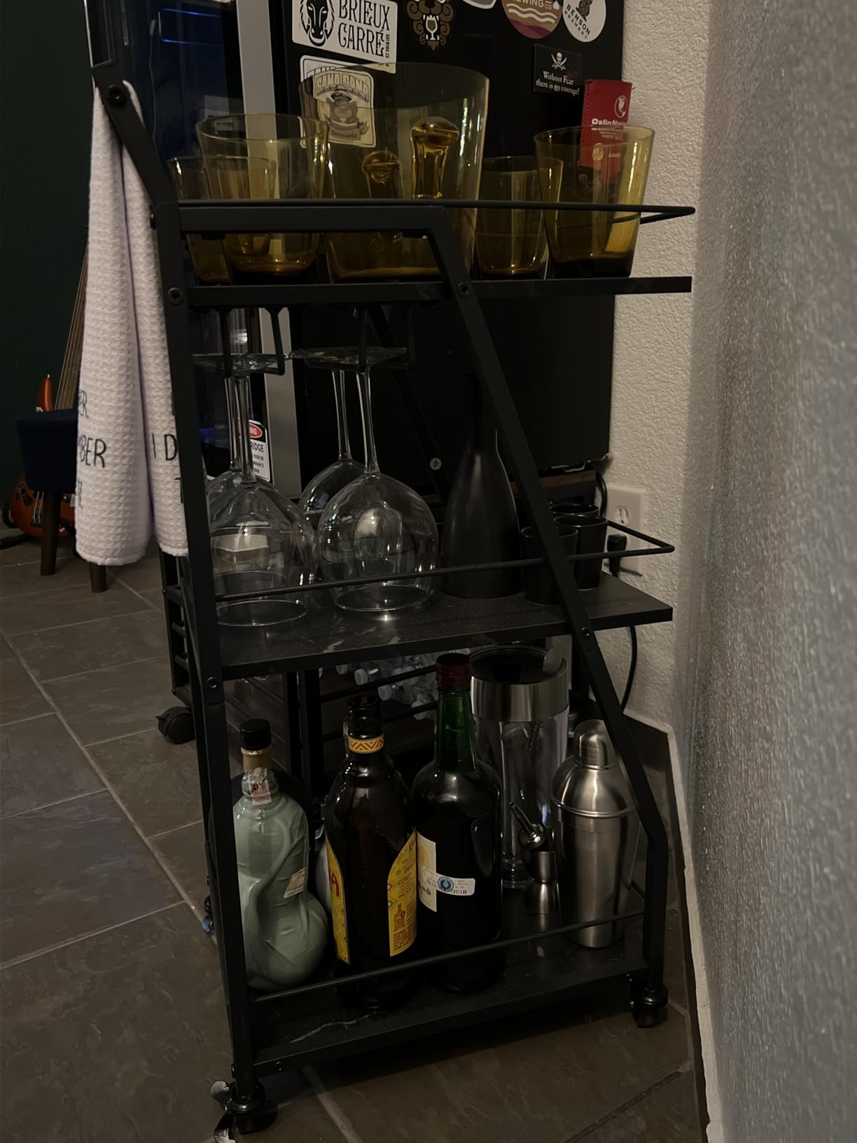 YATINEY Bar Cart, 3-Tier Home Bar Serving Cart with Wheels, Drink Cart with Glass Holder, Beverage Cart, Rolling Kitchen Cart, for Home, Living Room, Rustic Brown and Black BC03BR customer photo 1