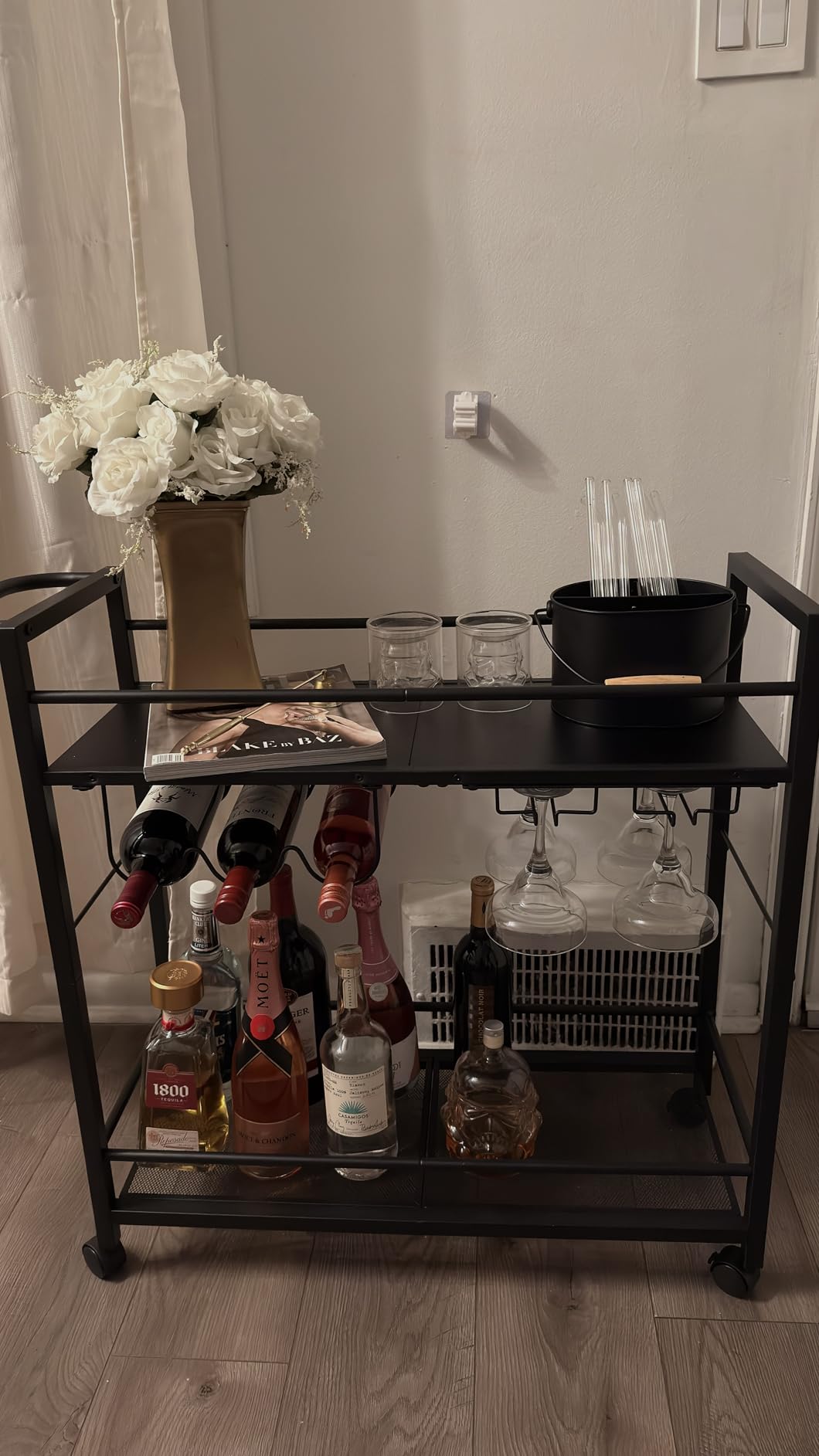 Joaxswe Bar Cart, Home Bar Serving Cart with Storage Shelves, 2 Tier Rolling Beverage Cart with Wheels, Modern Wine Cart with Wine Rack and Glass Holder for Kitchen, Living Room, Dining Room, Black customer photo 2