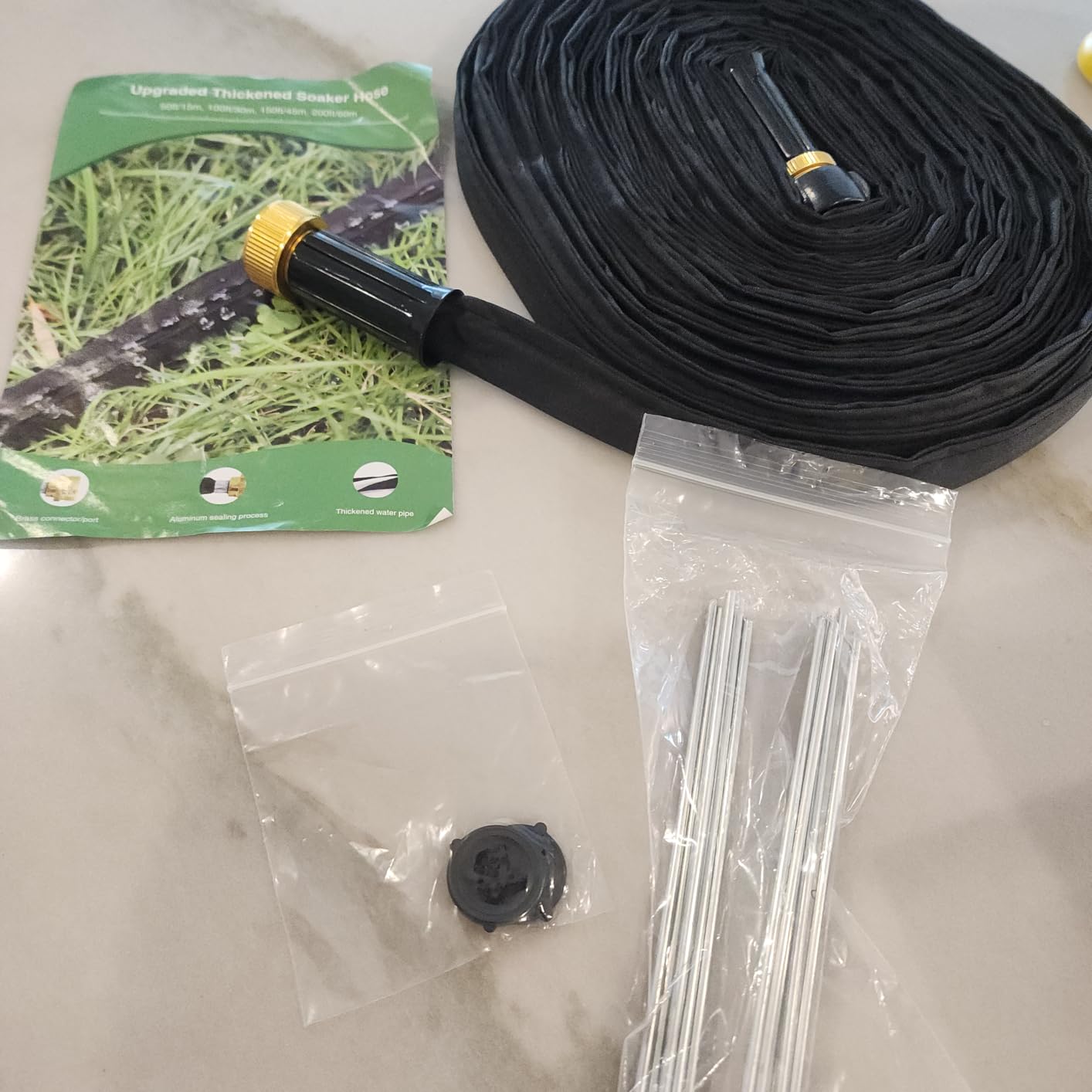 Soaker Hose 100 ft for Garden, Thickened Flat Drip Irrigation Hose with Brass Splitter, Saving 80% Water, Leak-Resistant Garden Watering Hose for Vegetables, Flower Beds, Raised Beds, Lawn & Shrubs customer photo 1