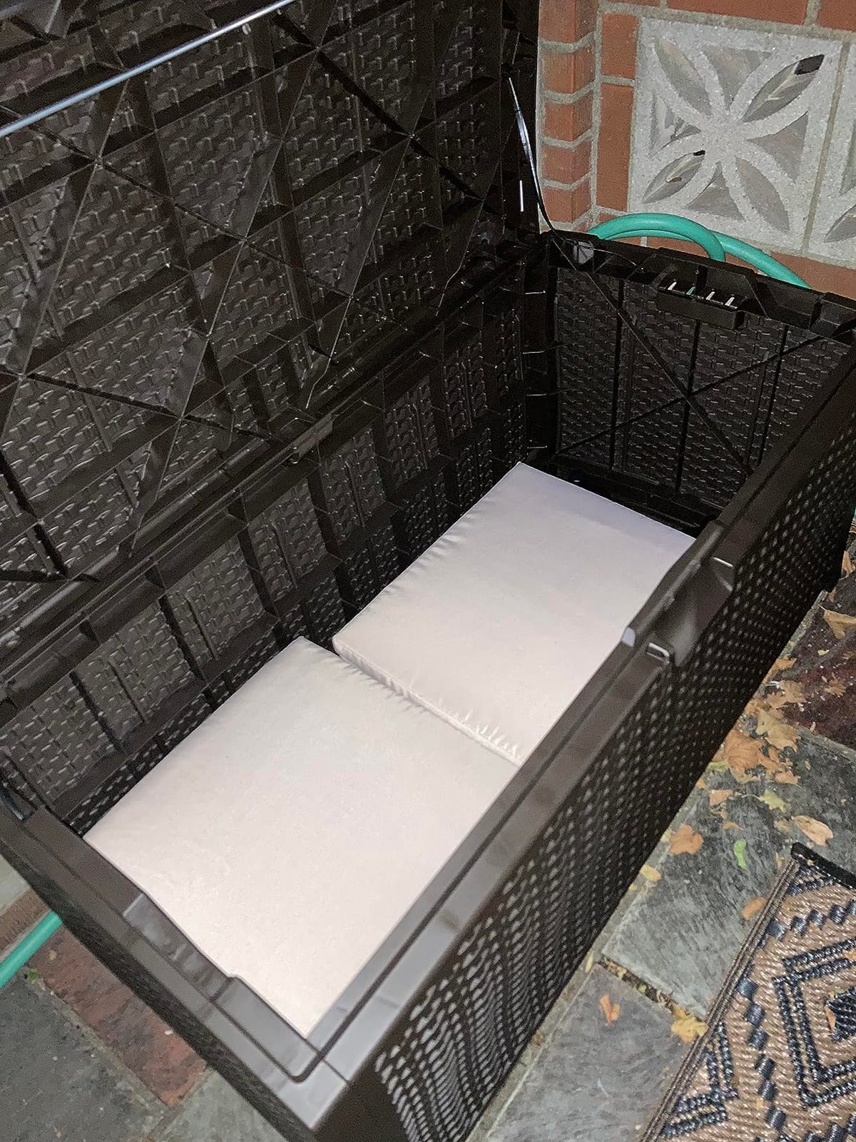 Suncast Outdoor Storage Box - 73 Gallon Mocha Brown Deck Box for Patio, weather-resistant Outdoor Storage Bench, Resin Wicker Style, Heavy-Duty, Lockable Lid for Cushions, Shoes, Pool & Garden Gear customer photo 1