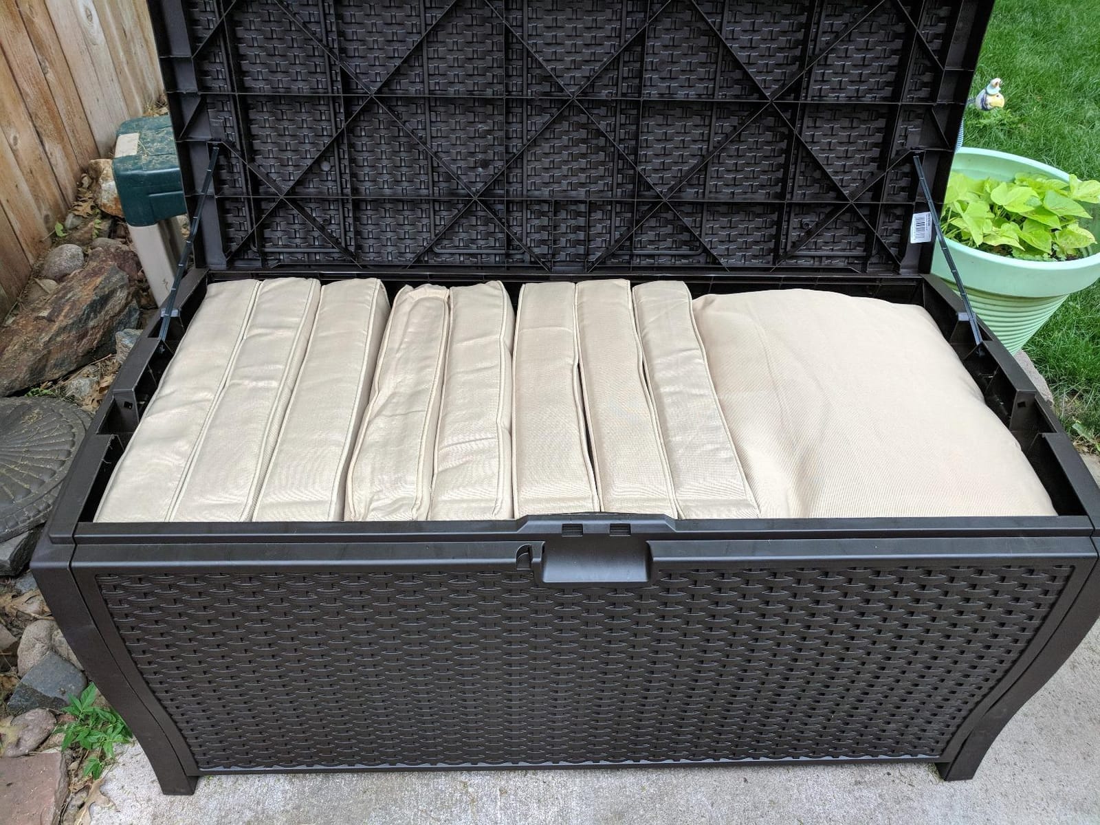 Suncast 99 Gal Wicker Resin Deck Box, Storage Chest Bin with Handles, Java customer photo 1