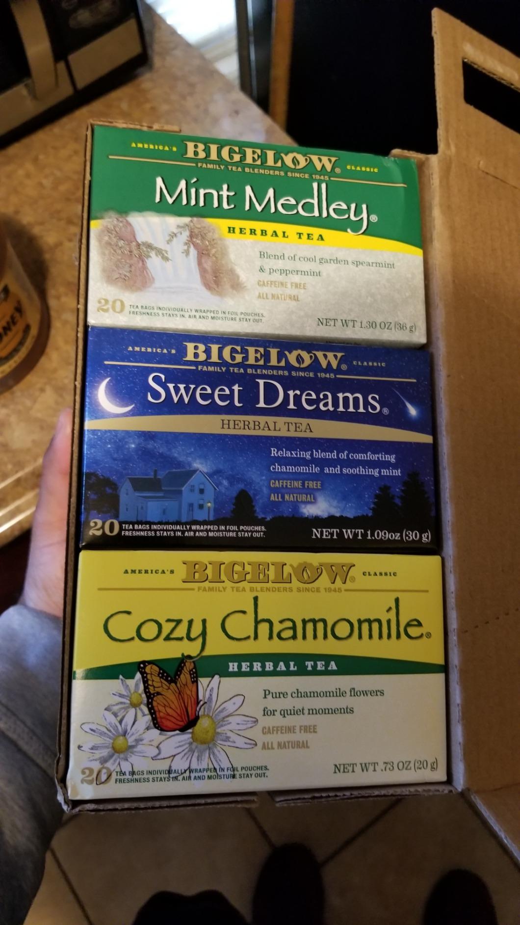 Bigelow Tea, Caffeine Free, 6 Flavor Herbal Tea Variety Pack, Pack of 6 | Decaf Tea with Mint Medley, Cozy Chamomile, Orange and Spice, Sweet Dreams, Perfect Peach, Lemon Ginger, 118 Total Tea Bags customer photo 1