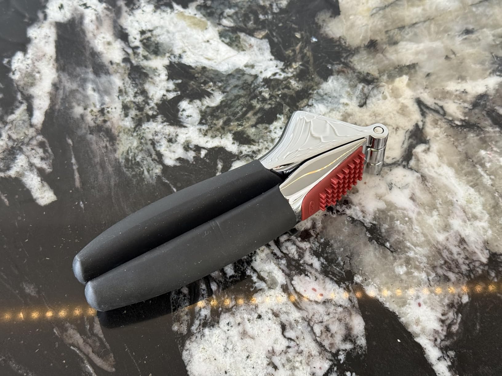 OXO Good Grips Garlic Press, Easy to squeeze & Self Cleaning Tool, Black | Garlic Crusher for Unpeeled Cloves, Soft Non-Slip Handle, Die-Cast Zinc for Durability, Built-in Cleaner, Dishwasher safe customer photo 1