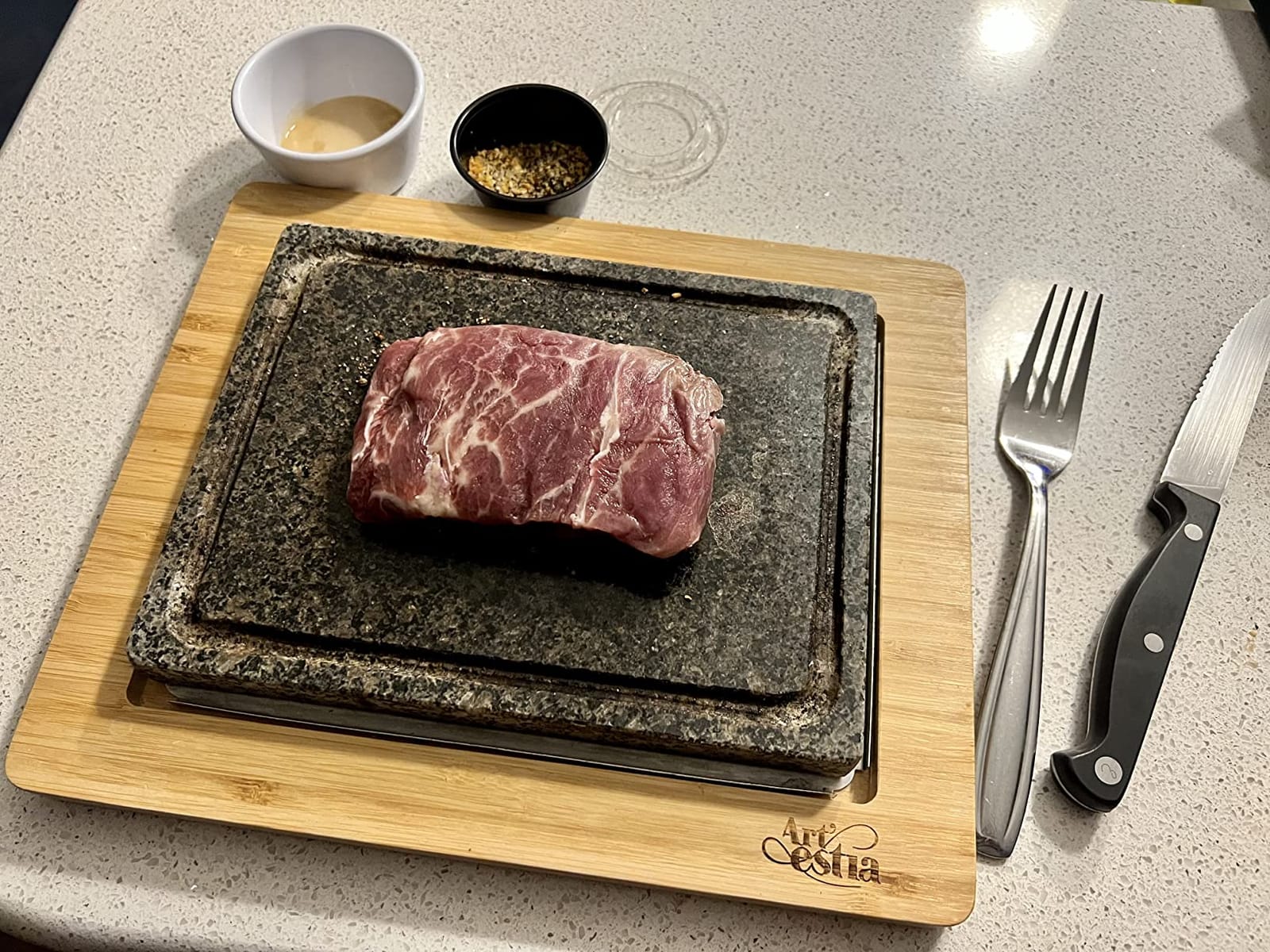 Artestia Steak Stone Grill Set with 2 Natural Steak Stones & 1 Bamboo Tray - Restaurant-Style Hot Stone Cooking Set for Sizzling Steak, BBQ, Hibachi, Indoor Tabletop Grilling customer photo 1