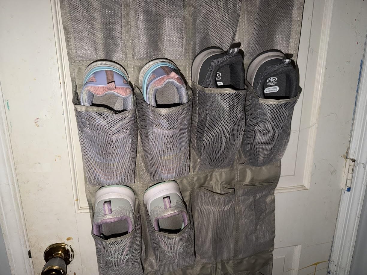 Amazon Basics 24 Medium Mesh Pocket Over-the-Door Hanging Shoe Organizer, Space Saving Shoe Storage, Light Grey customer photo 1