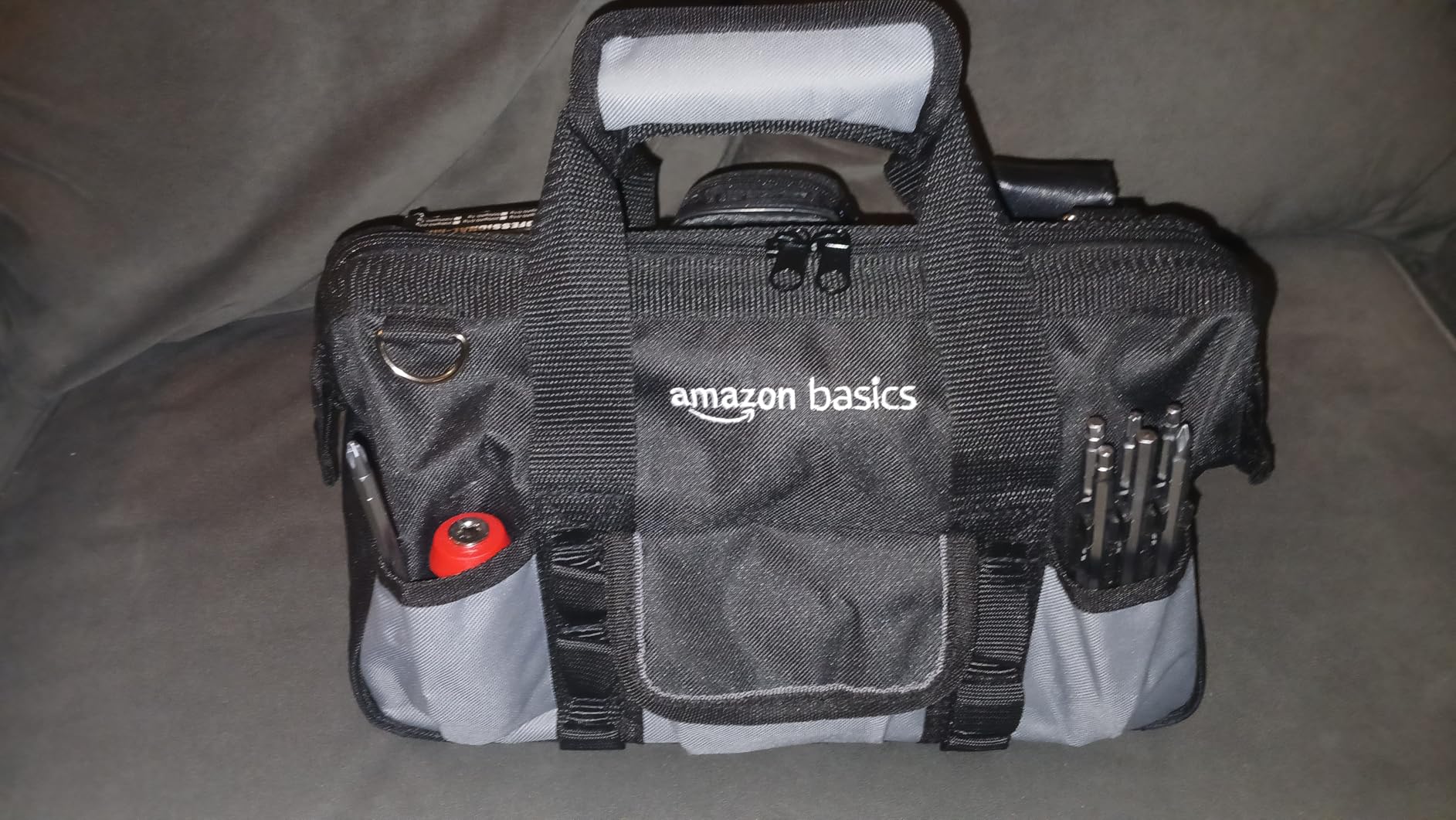 Amazon Basics Durable Wear-Resistant Tool Storage Bag with Adjustable Shoulder Strap, Portable Tool Organizer, 16 in, Black & Grey customer photo 2