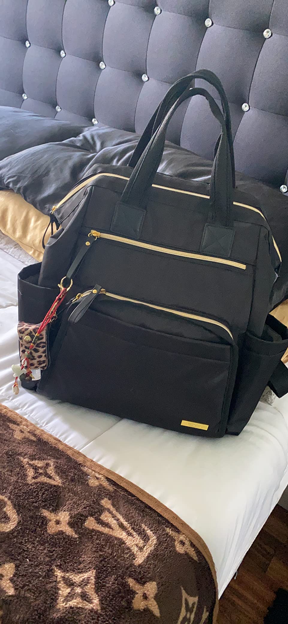 Skip Hop Diaper Bag Backpack: Mainframe Large Capacity Wide Open Structure with Changing Pad & Stroller Attachement, Black with Gold Trim customer photo 1