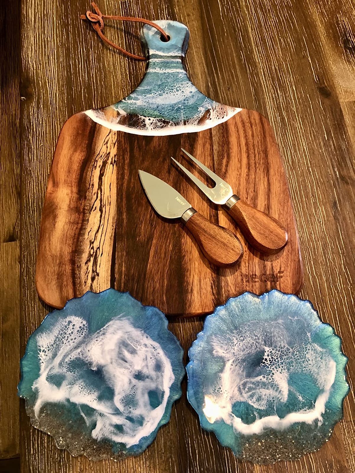 hecef Cheese Board set of 3,a Acacia Wood Cheese Plate, a Knife, a Fork, Charcuterie Board Platter Slate Serving Set for Appetizer Birthdays, Weddings, Housewarming (Cheese board with 2 knives) customer photo 1