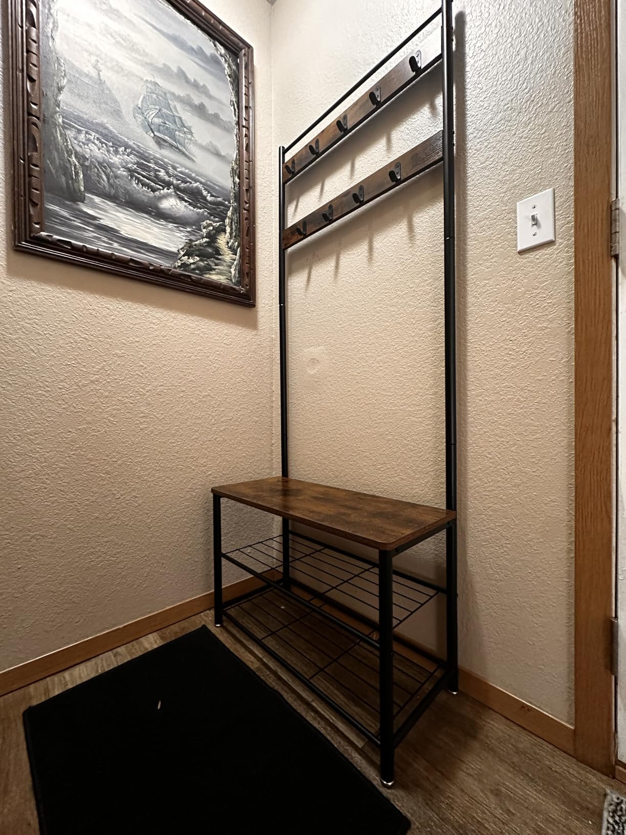 VASAGLE Coat Rack, Hall Tree with Shoe Storage Bench, 3-in-1, Steel Frame | Traditional Basic Entryway Bench, 12.6 x 27.6 x 68.9 Inches, Rustic Brown and Black, DACEY Collection UHSR41BX customer photo 2