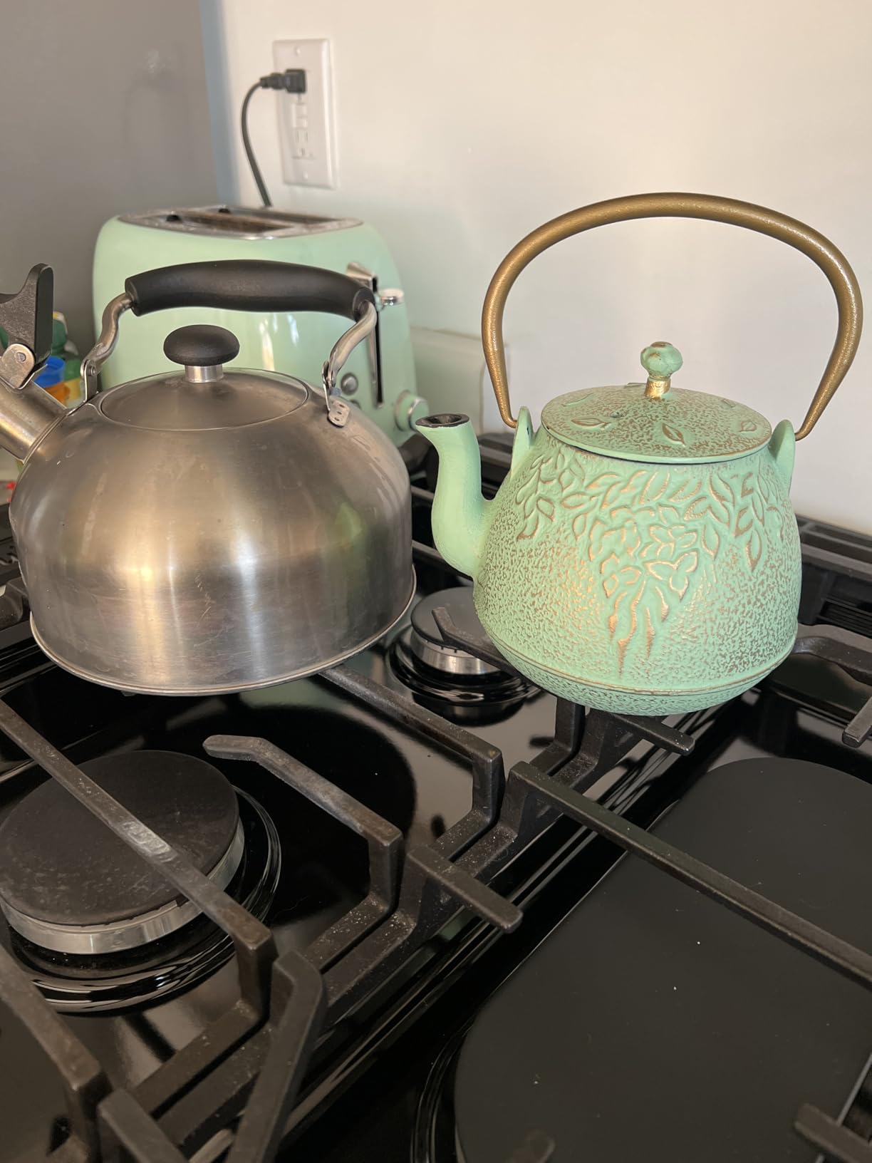 TOPTIER Japanese Teapot with Stainless Steel Infuser, Cast Iron Tea Kettle Stovetop Safe, Leaf Design Coated with Enameled Interior for 32 Ounce (950 ml), Light Green customer photo 1