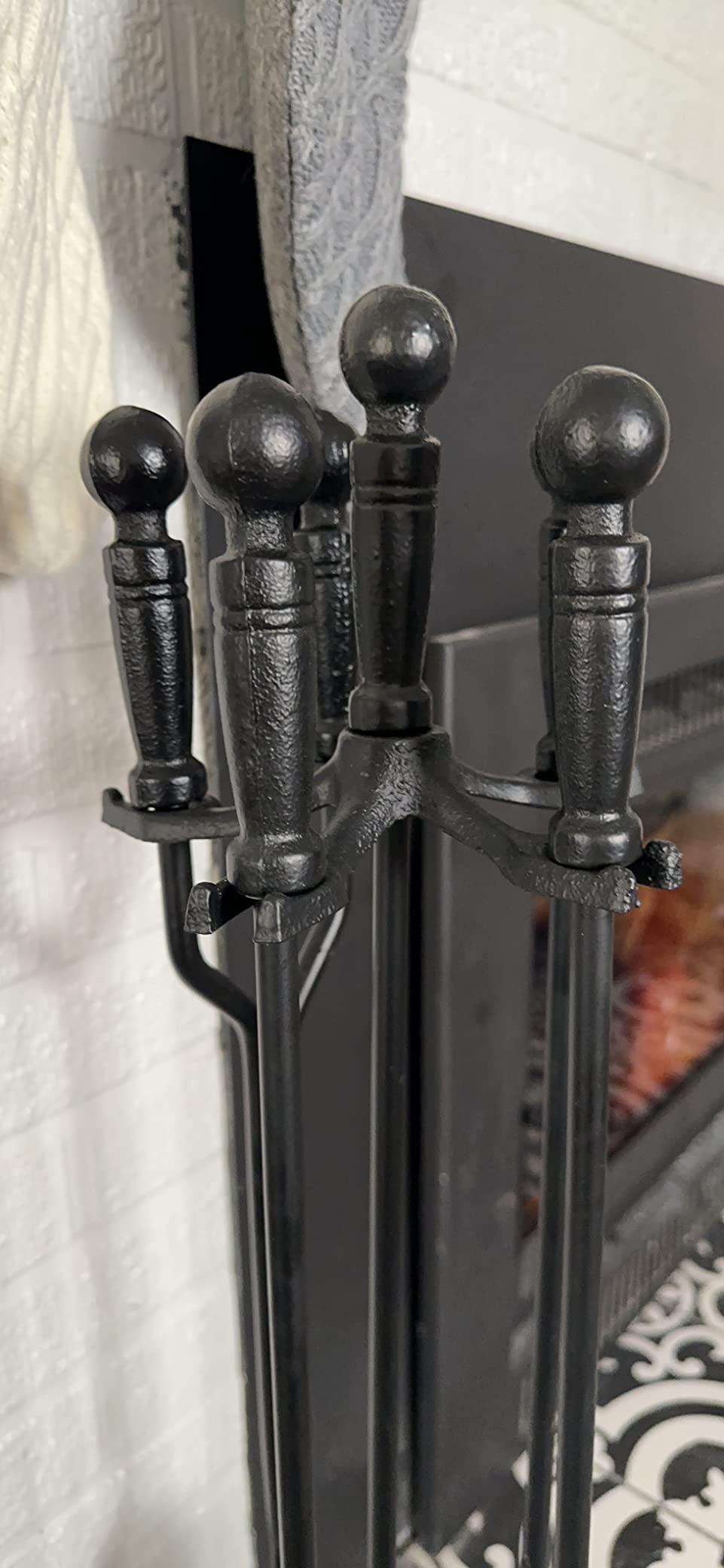 GameXcel Fireplace Tools Set 5 Piece 32 Inch Wrought Iron Hearth Toolset - Heavy Duty Fire Place Pit Accessories with Sturdy Base Holder, 26