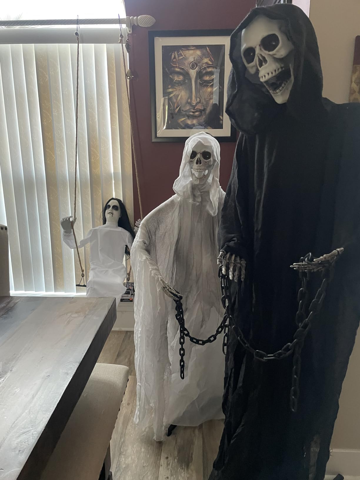 Haunted Hill Farm Life-Size Scary Grim Reaper with Chain, Halloween Animatronic with Touch Activated Lights and Sounds, Battery Operated Indoor or Covered Outdoor Halloween Decorations, Halloween Prop customer photo 2