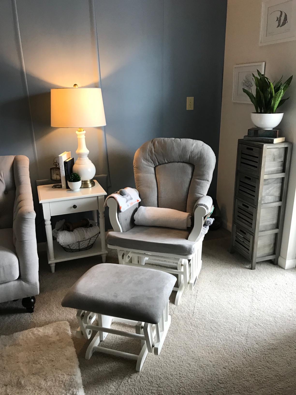 Child Craft Cozy Glider Rocker and Ottoman Set, Smooth Quiet Gliding Motion, Padded Cushion with Convenient Storage Pockets, Solid Wood Base & Frame (Dapper Gray with Light Gray Cushion) customer photo 1