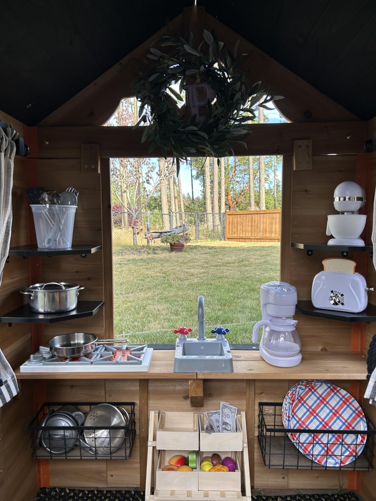Backyard Discovery Sweetwater Cedar Wooden Kids Playhouse Cottage with Play Kitchen, Snack Bar, Half Door, Toy Phone, Windows, Flowerpot Holders, and Working Doorbell for Outdoor Imaginative Play customer photo 1