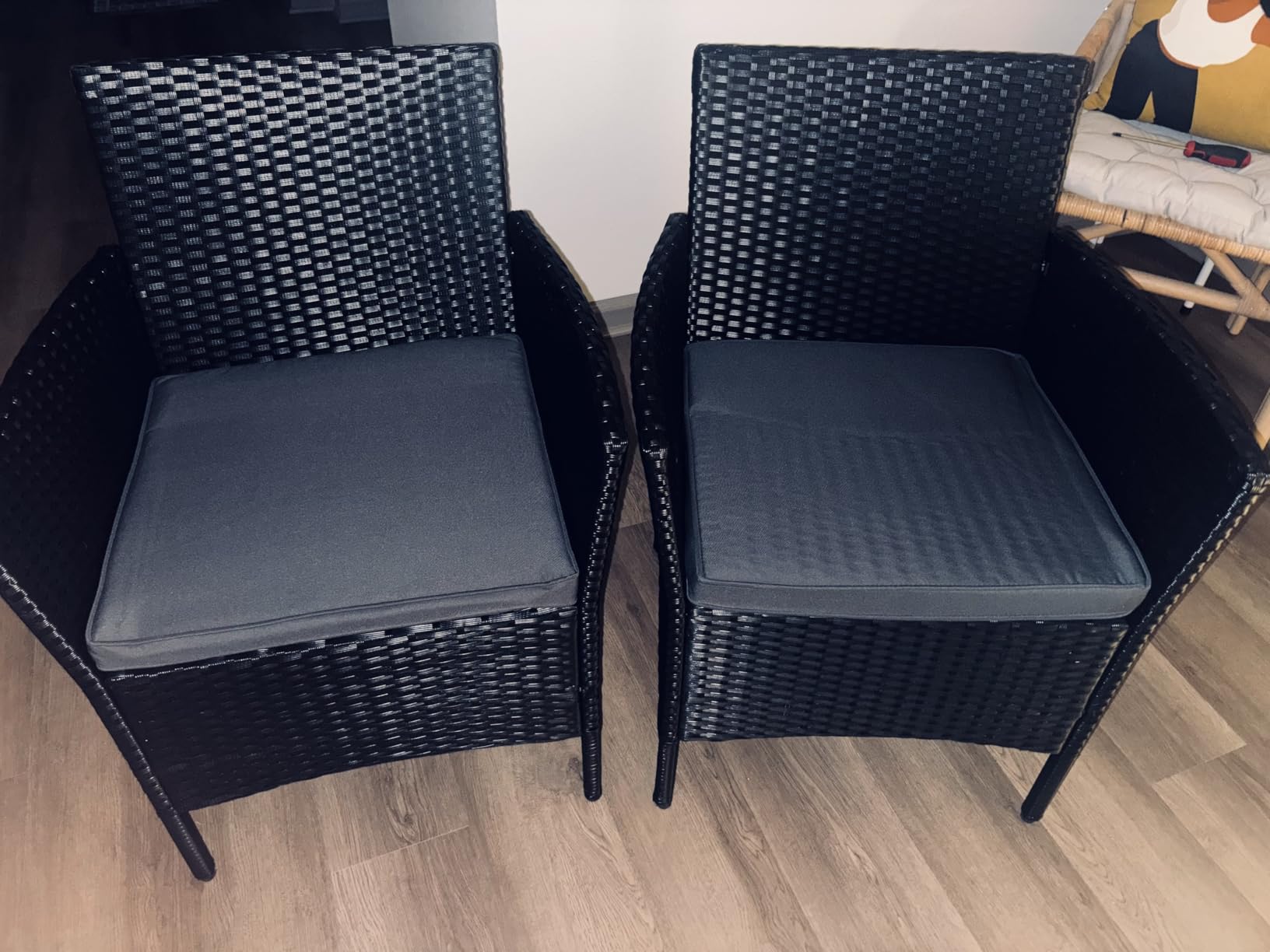Yaheetech 3 Pieces Patio Porch Furniture Set, Outdoor PE Rattan Wicker Conversation Set with Soft Cushions, Glass Coffee Table & 2 Chairs for Garden/Deck/Courtyard/Poolside, Black/Gray customer photo 2