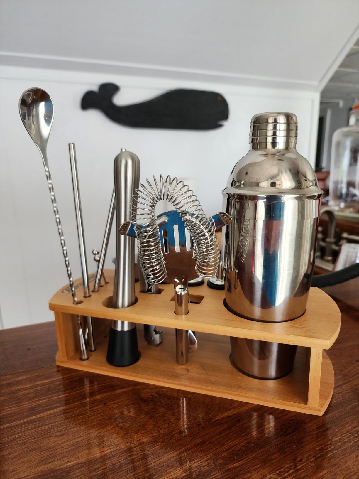 KITESSENSU Cocktail Shaker Set Bartender Kit with Stand | Bar Set Drink Mixer Set with All Essential Accessory Tools: Martini Shaker, Jigger, Strainer, Mixer Spoon, Muddler, Liquor Pourers |Silver customer photo 1