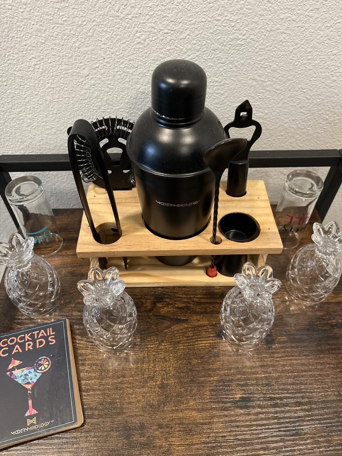 Modern Mixology Cocktail Shaker Set - Bartender Kit with Pine Stand | Leak-Proof Design | Includes Martini Shaker, Jigger, Strainer, Spoon, Tongs | Perfect Bar Tools Gift for Home Mixology (Silver) customer photo 2