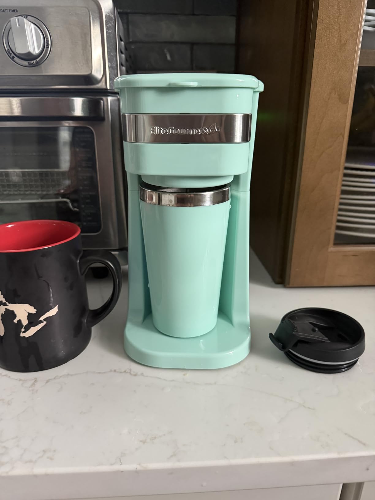 Elite Gourmet EHC111A Personal Single-Serve Compact Coffee Maker, Black | Includes 14oz stainless steel interior thermal travel mug, reusable filter customer photo 2