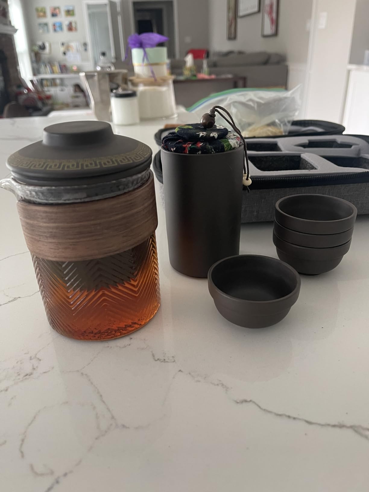 Travel Chinese Kung Fu Ceramic Teapot Portable Handmade , Teapot Teacups All in One Gift Bag for Adults (purple clay tea sets 3) customer photo 1