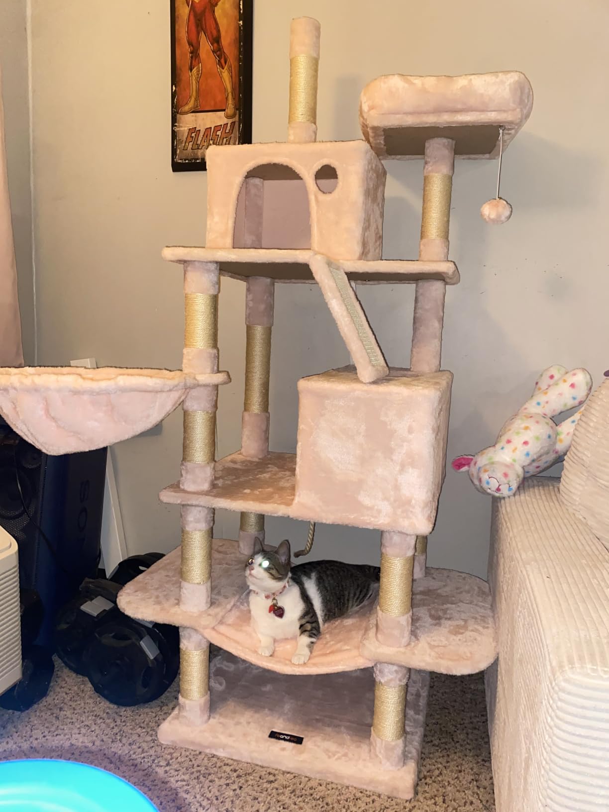 Feandrea Cat Tree, 81.1-Inch Large Cat Tower, Multi-Level Plush Condo with 13 Scratching Posts, 2 Perches, 2 Caves, Basket, Hammock, Pompoms, Smoky Gray UPCT190G01 customer photo 2